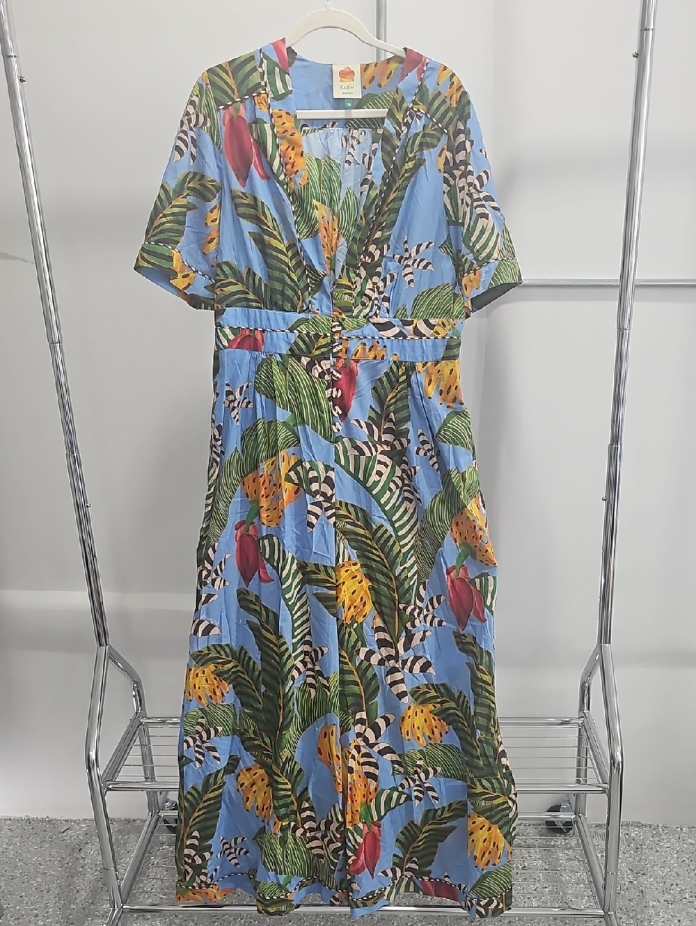 FARM Rio Blue Tropical Print Jumpsuit with Green, Yellow & Red Accents
